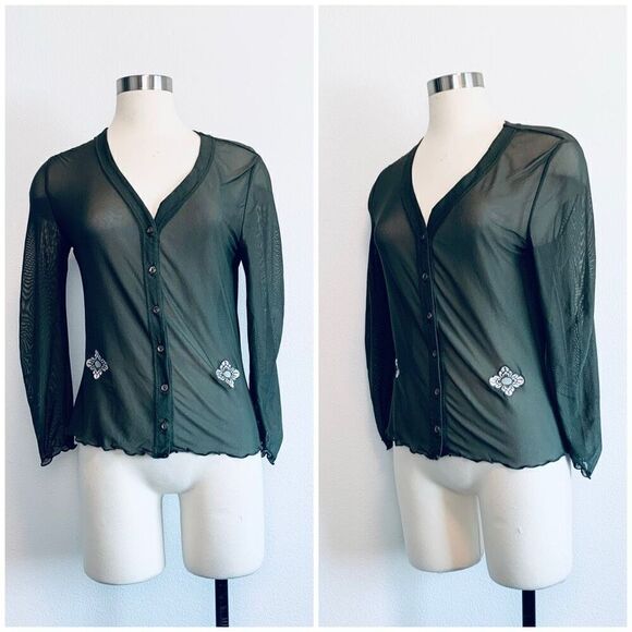 Vintage Boutique Europa Sheer Green Embroidered Cardigan Top Blouse Small - Picture 1 of 7